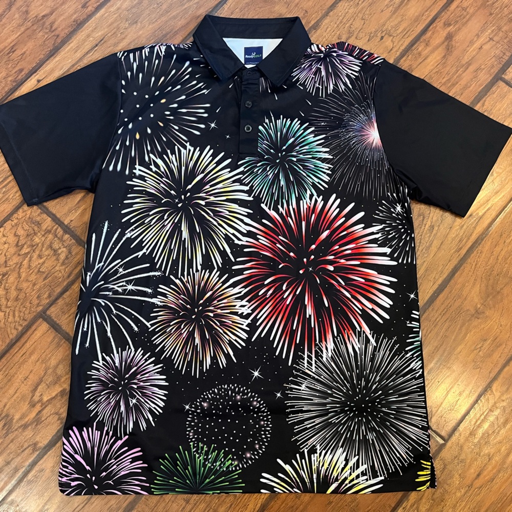 Men's Black Firework Print Polo Shirt - size large